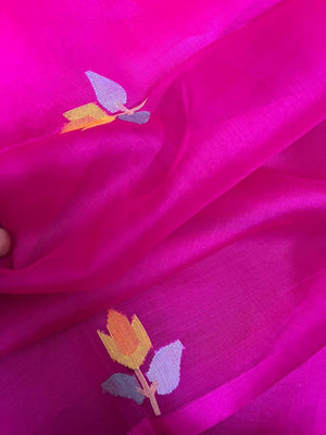 Rani with multi colour flora handwoven muslin silk jamdani saree - Tamal Boutique