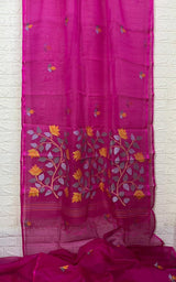 Rani with multi colour flora handwoven muslin silk jamdani saree - Tamal Boutique