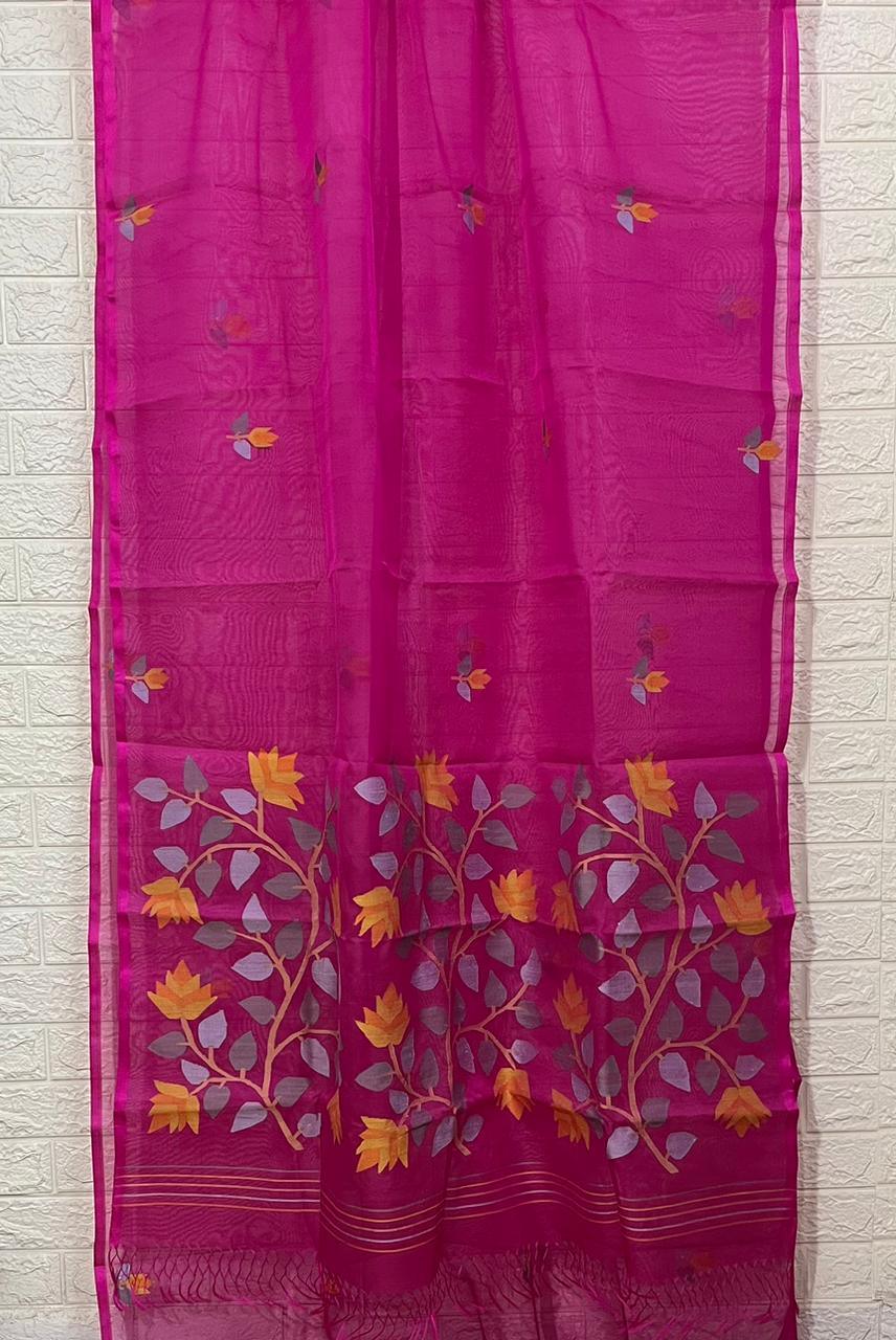 Rani with multi colour flora handwoven muslin silk jamdani saree - Tamal Boutique