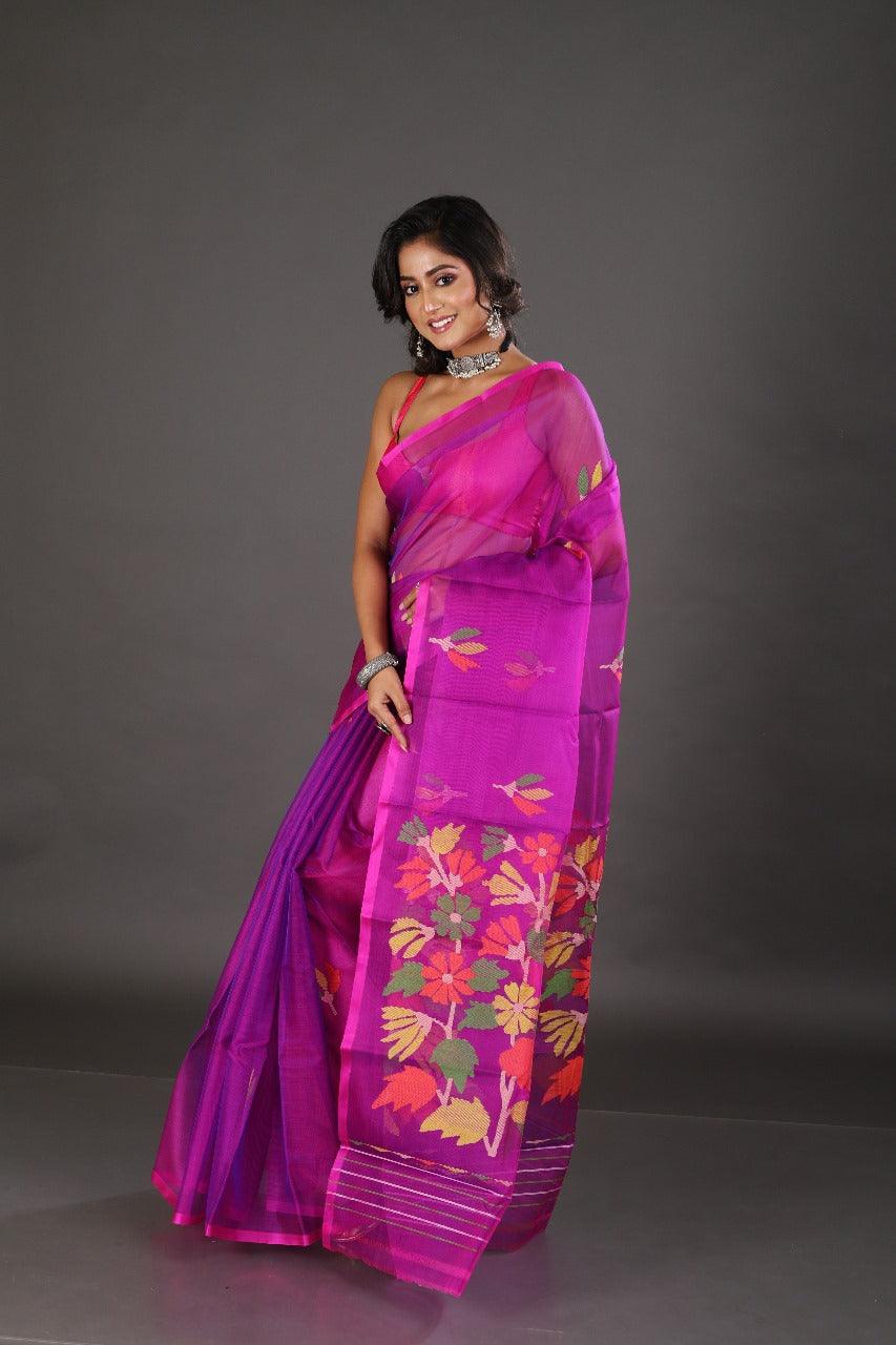 Rani with blue dual tone colour floral buta muslin silk handwoven jamadani saree - Tamal Boutique