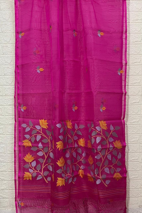 Rani with multi colour flora handwoven muslin silk jamdani saree