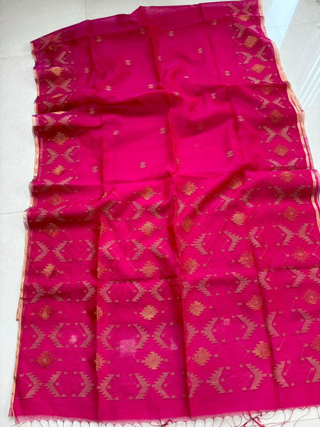 Rani with zari border handwoven jamdani saree - Tamal Boutique