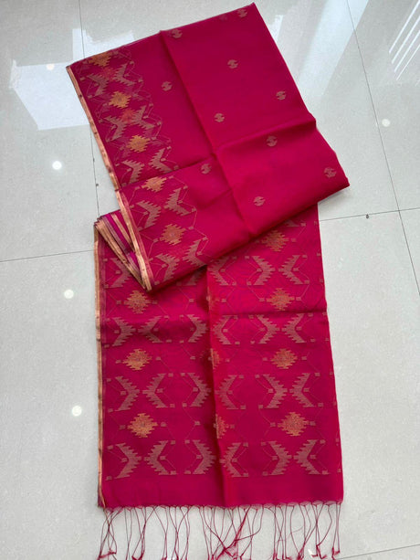 Rani with zari border handwoven jamdani saree - Tamal Boutique