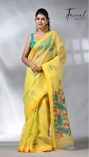 Yellow colour muslin silk floral handwoven jamdani saree