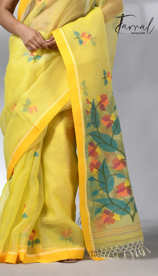 Yellow colour muslin silk floral handwoven jamdani saree