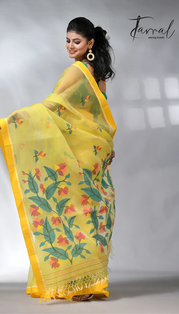 Yellow colour muslin silk floral handwoven jamdani saree
