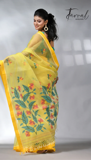 Yellow colour muslin silk floral handwoven jamdani saree