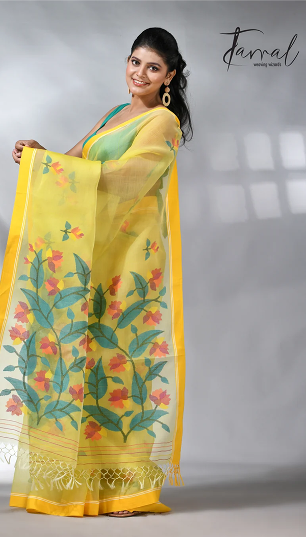 Yellow colour muslin silk floral handwoven jamdani saree