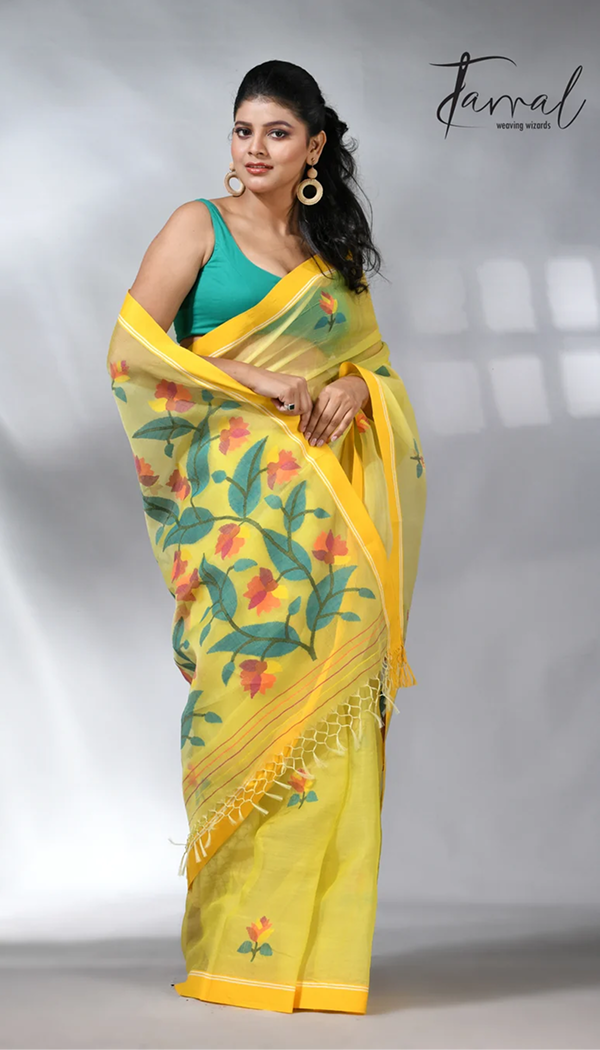 Yellow colour muslin silk floral handwoven jamdani saree
