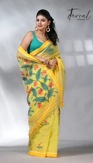 Yellow colour muslin silk floral handwoven jamdani saree
