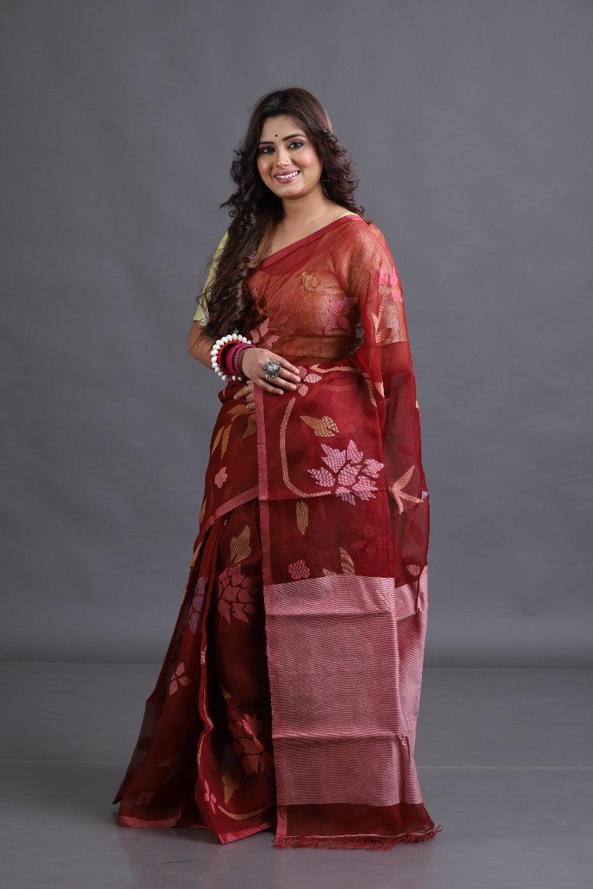 Red Wine with multicolour allover floral Muslin silk handwoven jamdani saree - Tamal Boutique