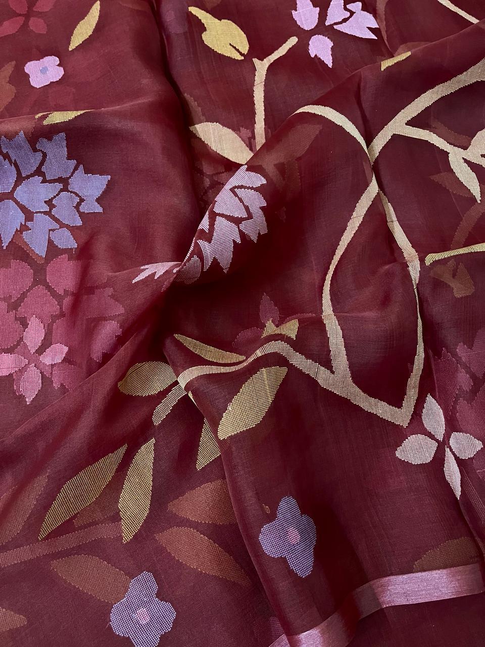 Red Wine with multicolour allover floral Muslin silk handwoven jamdani saree - Tamal Boutique