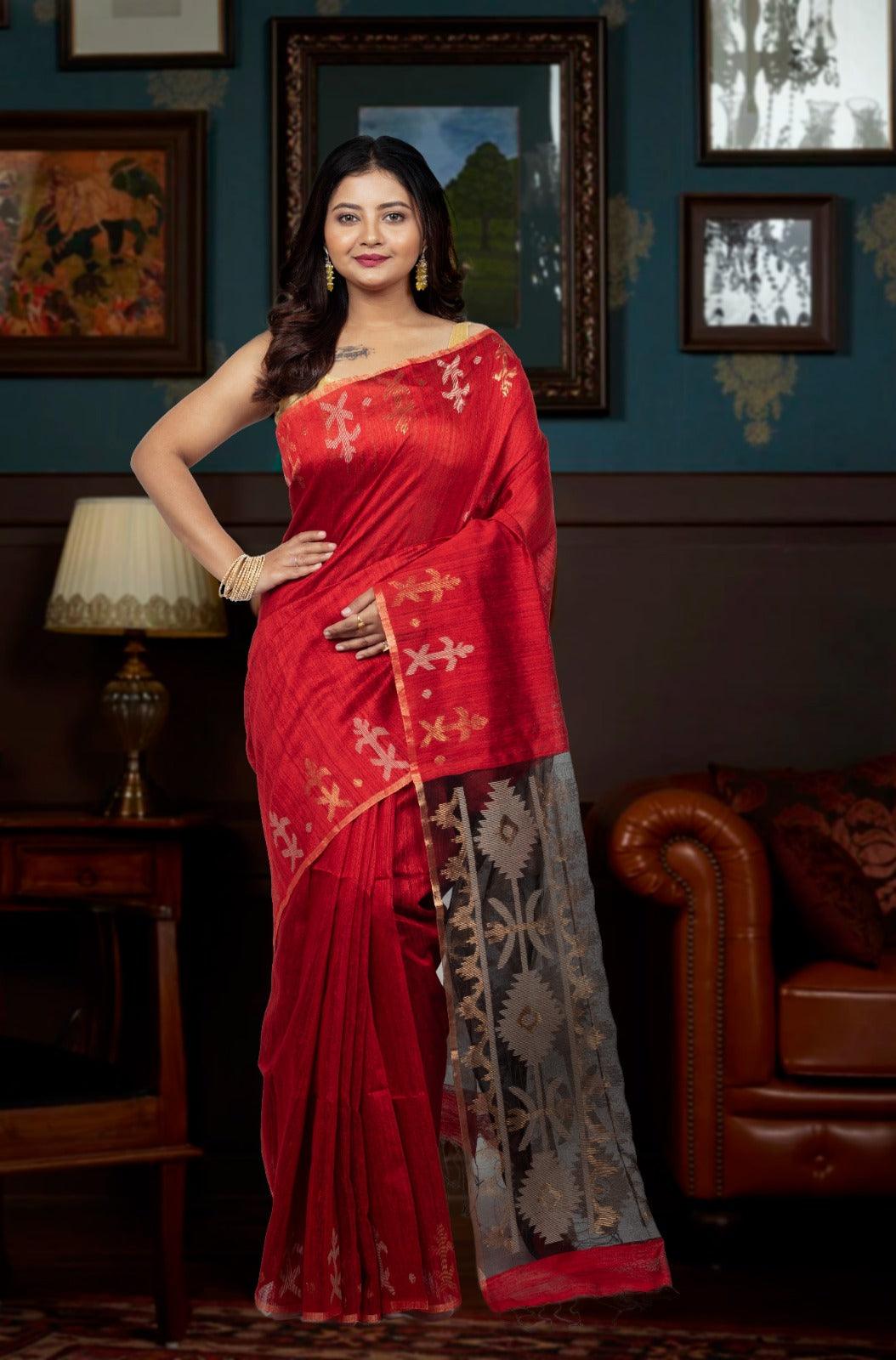 Red With Black Traditional Dhakai Handwoven Jamdani Saree In Matka Silk - Tamal Boutique