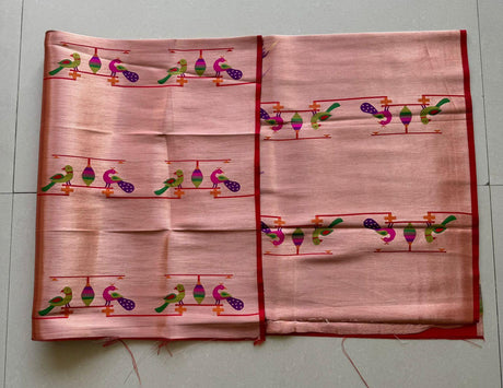 Red border paithani handloom blouse piece - Tamal Boutique