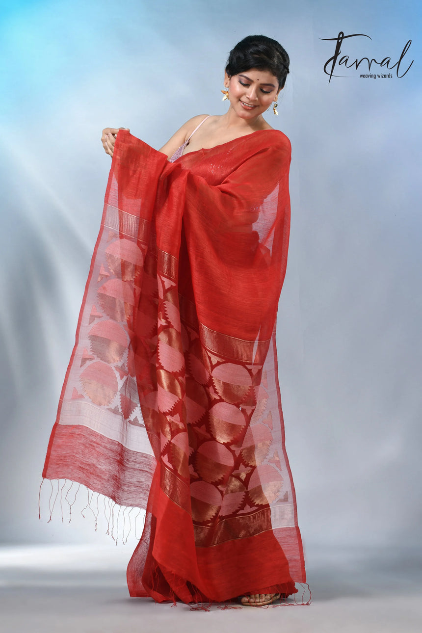 Red color geomatric circle silk linen handwoven jamdani saree