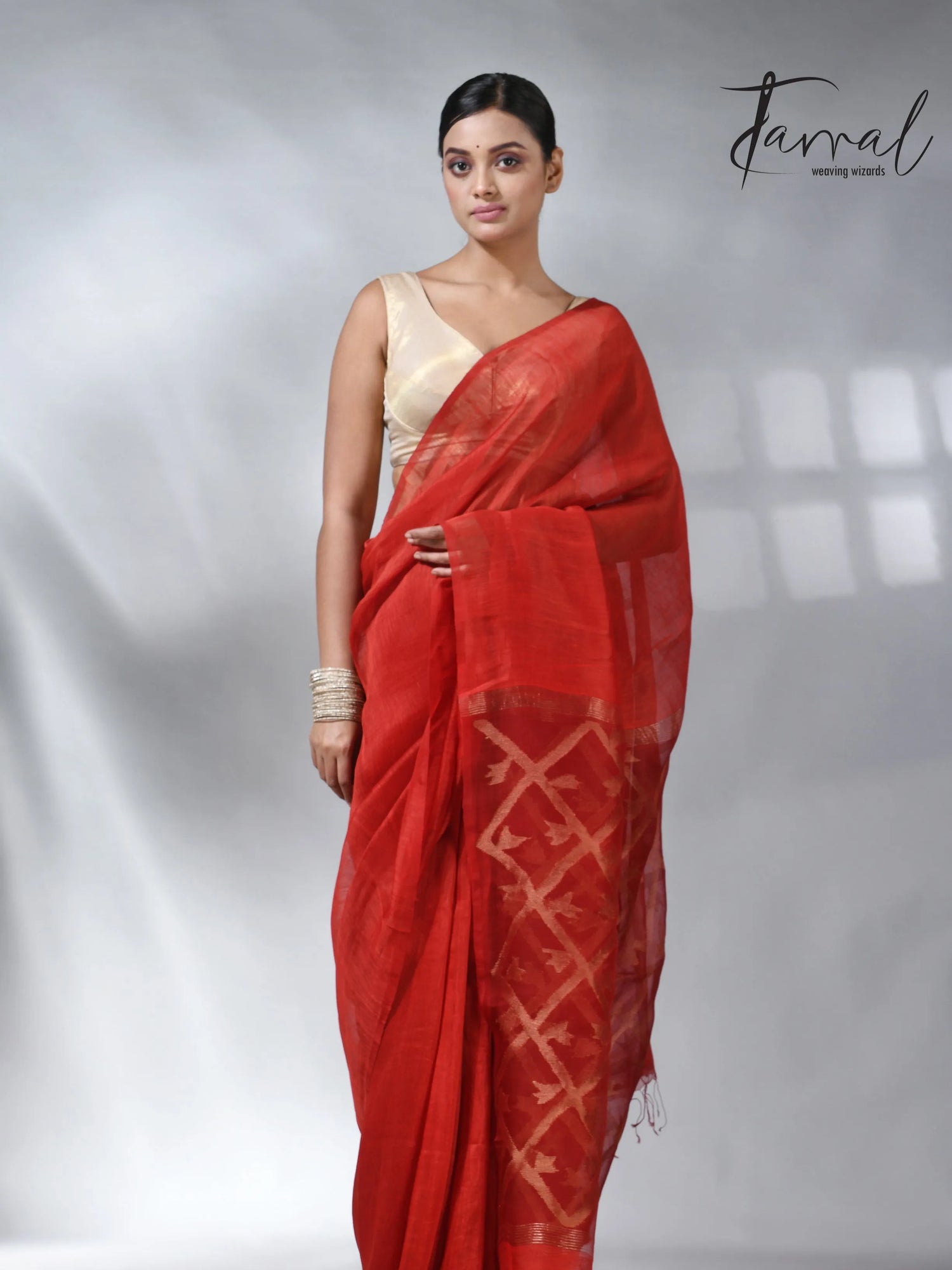 Red colour box pallu in silk linen handwoven jamdani sarees