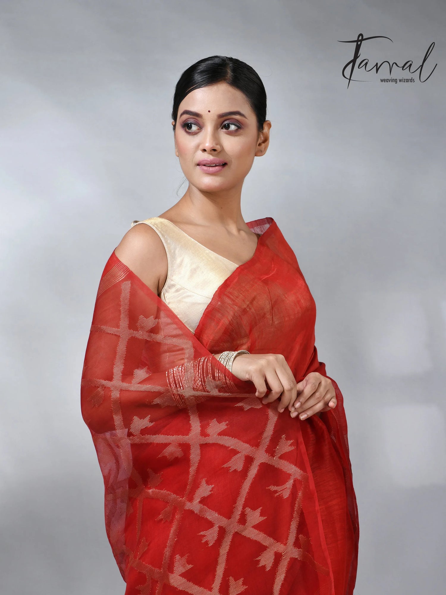 Red colour box pallu in silk linen handwoven jamdani sarees