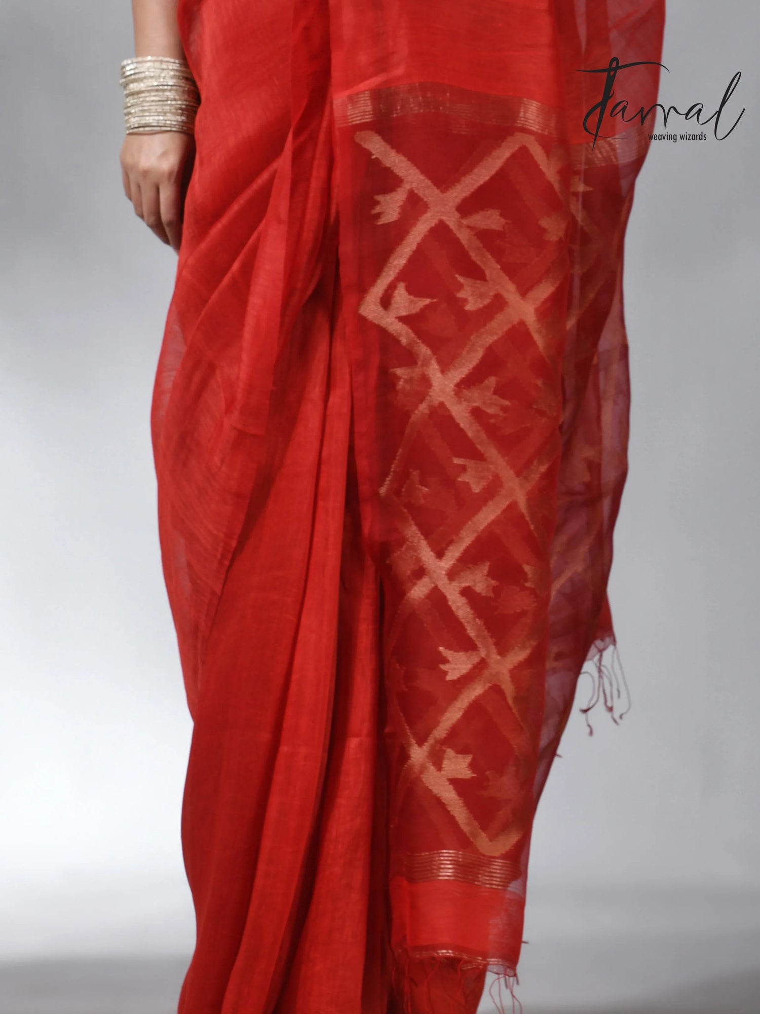 Red colour box pallu in silk linen handwoven jamdani sarees