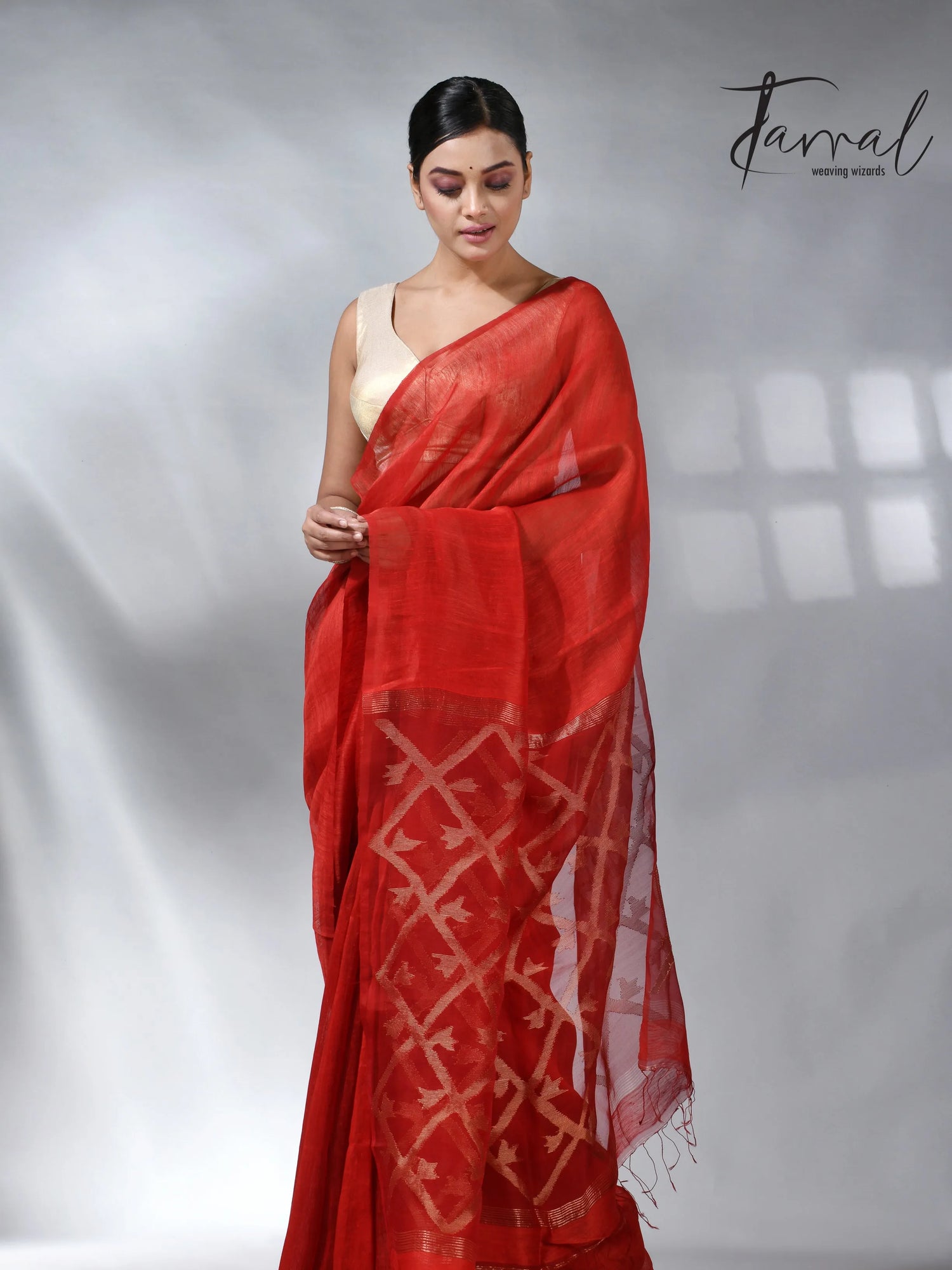 Red colour box pallu in silk linen handwoven jamdani sarees