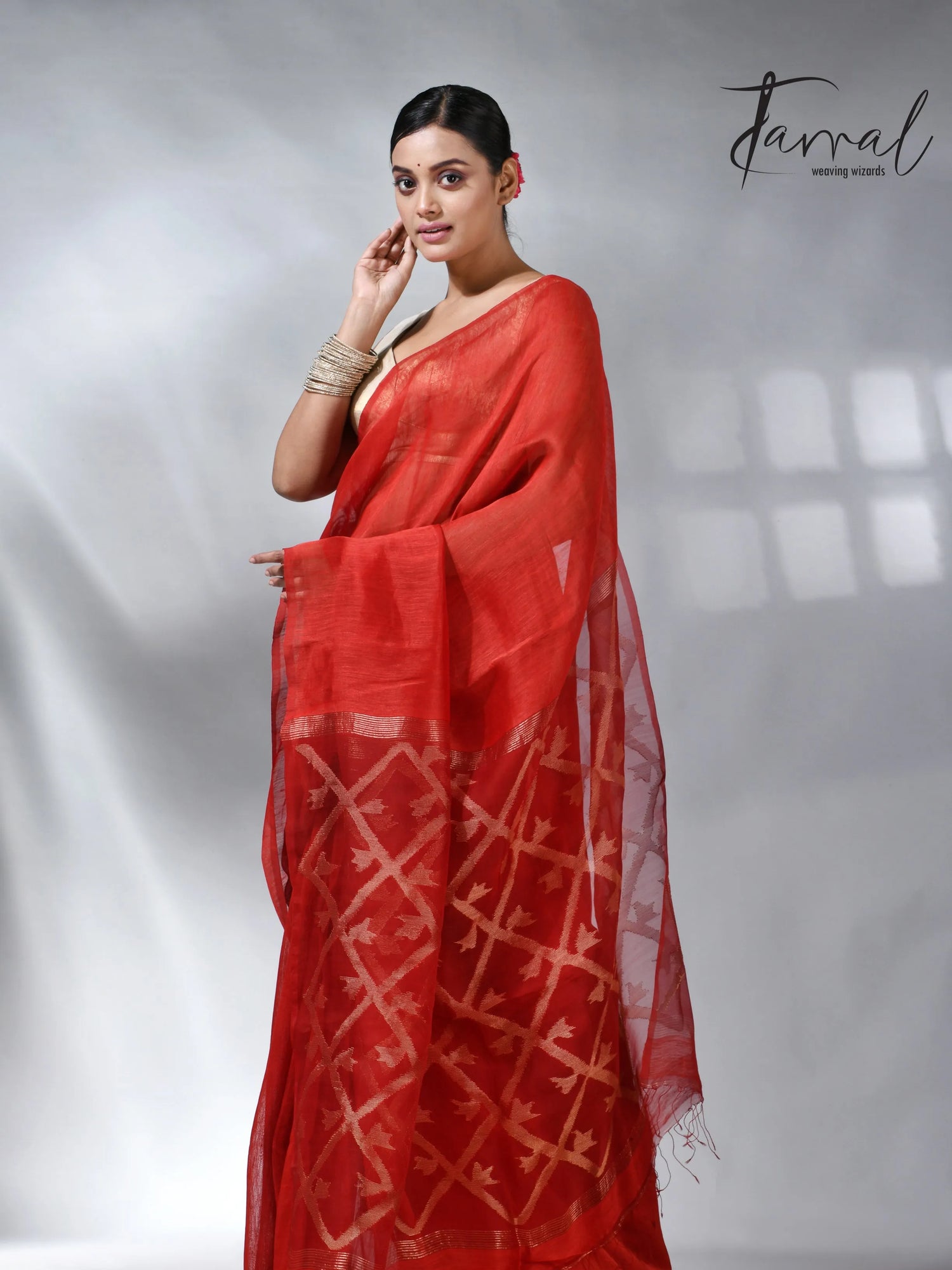 Red colour box pallu in silk linen handwoven jamdani sarees
