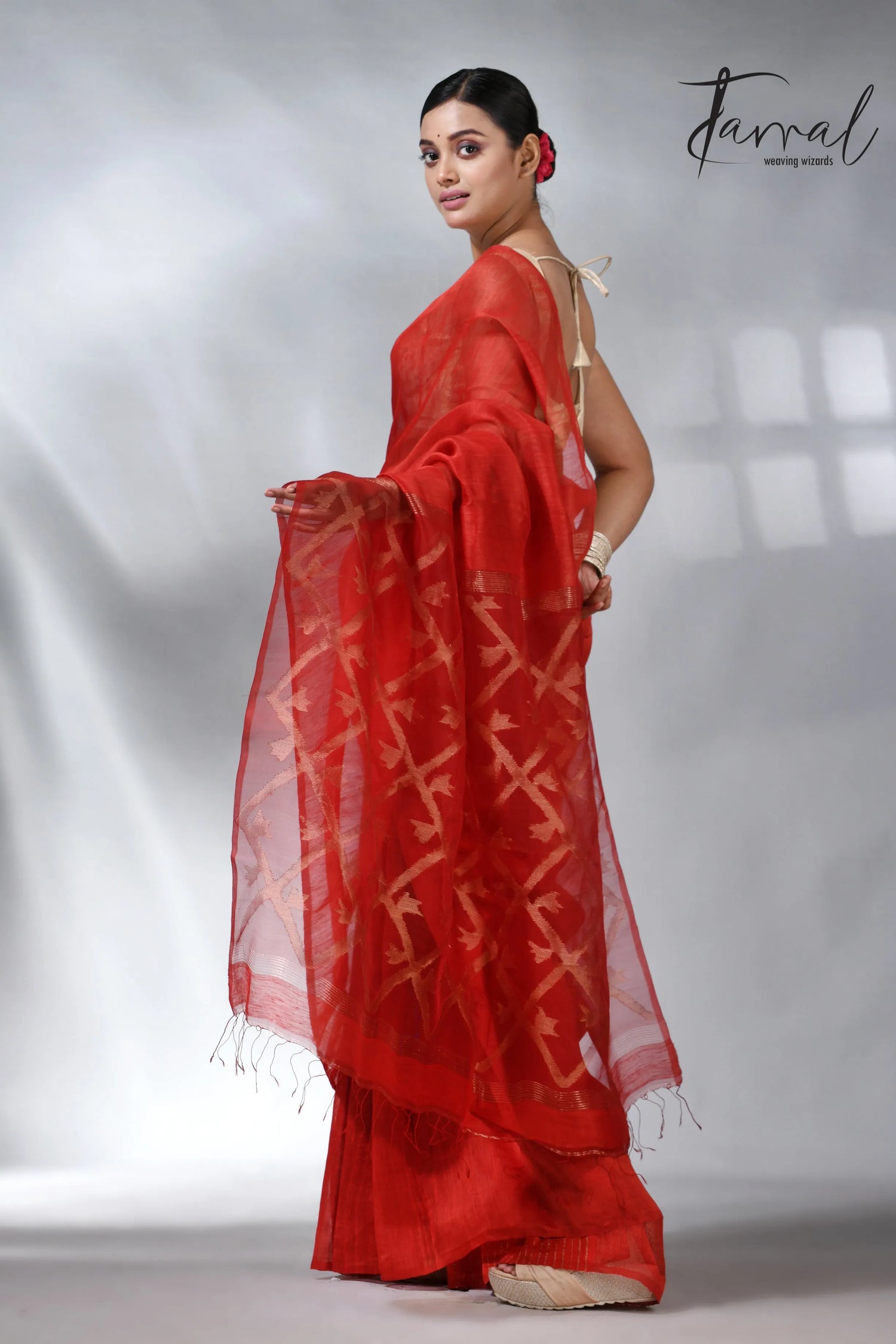 Red colour box pallu in silk linen handwoven jamdani sarees