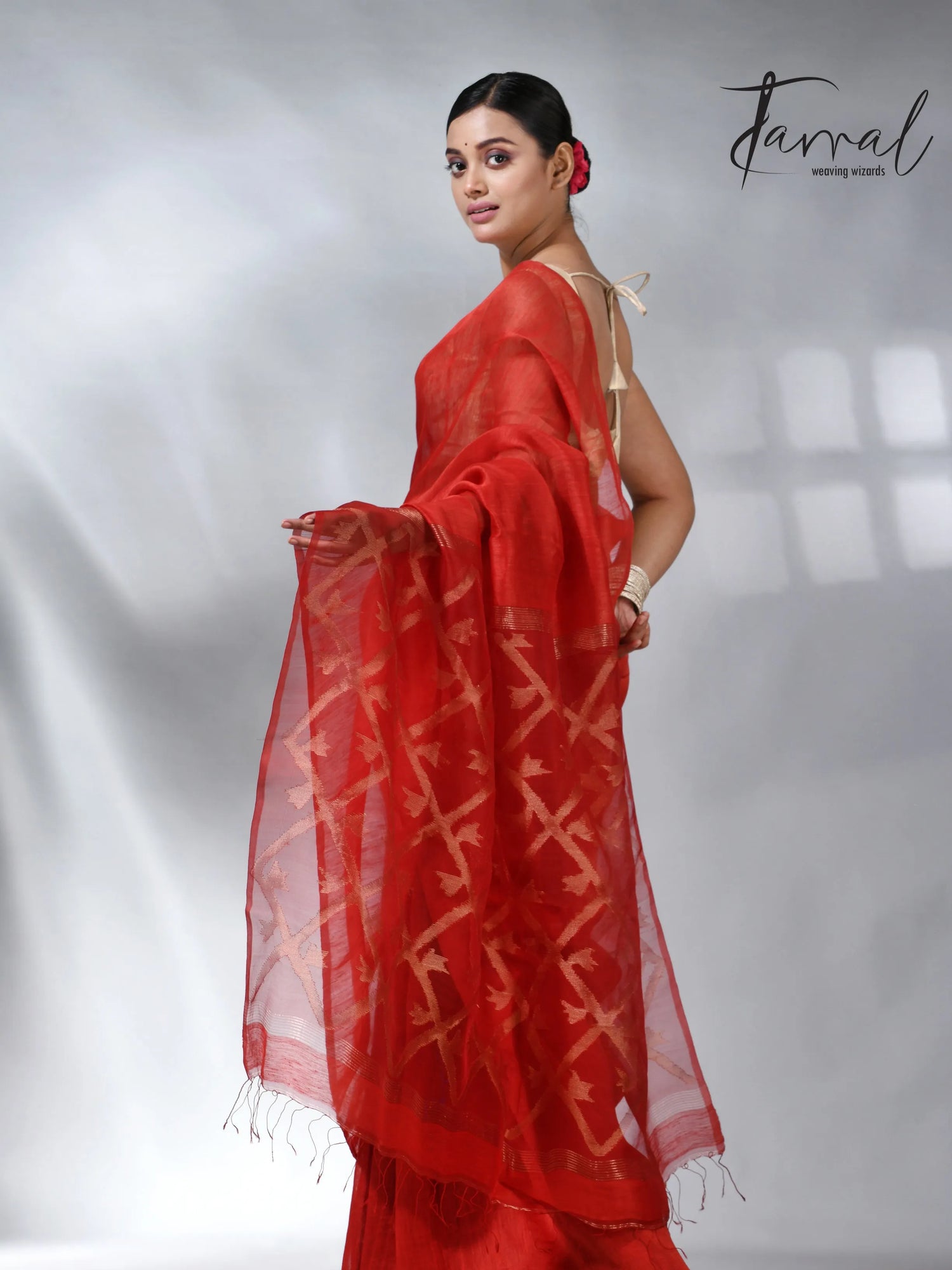 Red colour box pallu in silk linen handwoven jamdani sarees