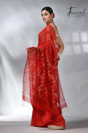 Red colour box pallu in silk linen handwoven jamdani sarees