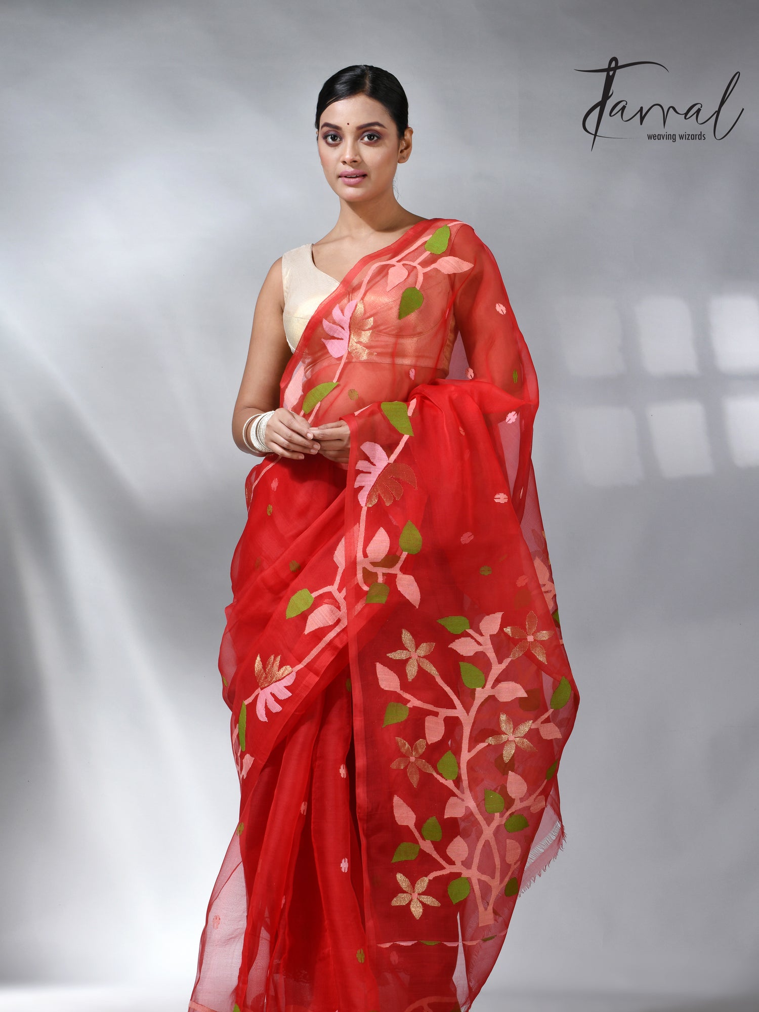 Red colour floral border muslin silk handwovn jamdani saree