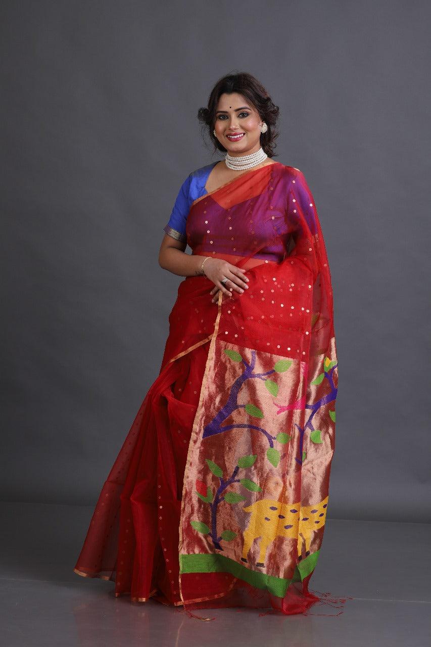 Red colour Organza silk paithani sequins saree - Tamal Boutique