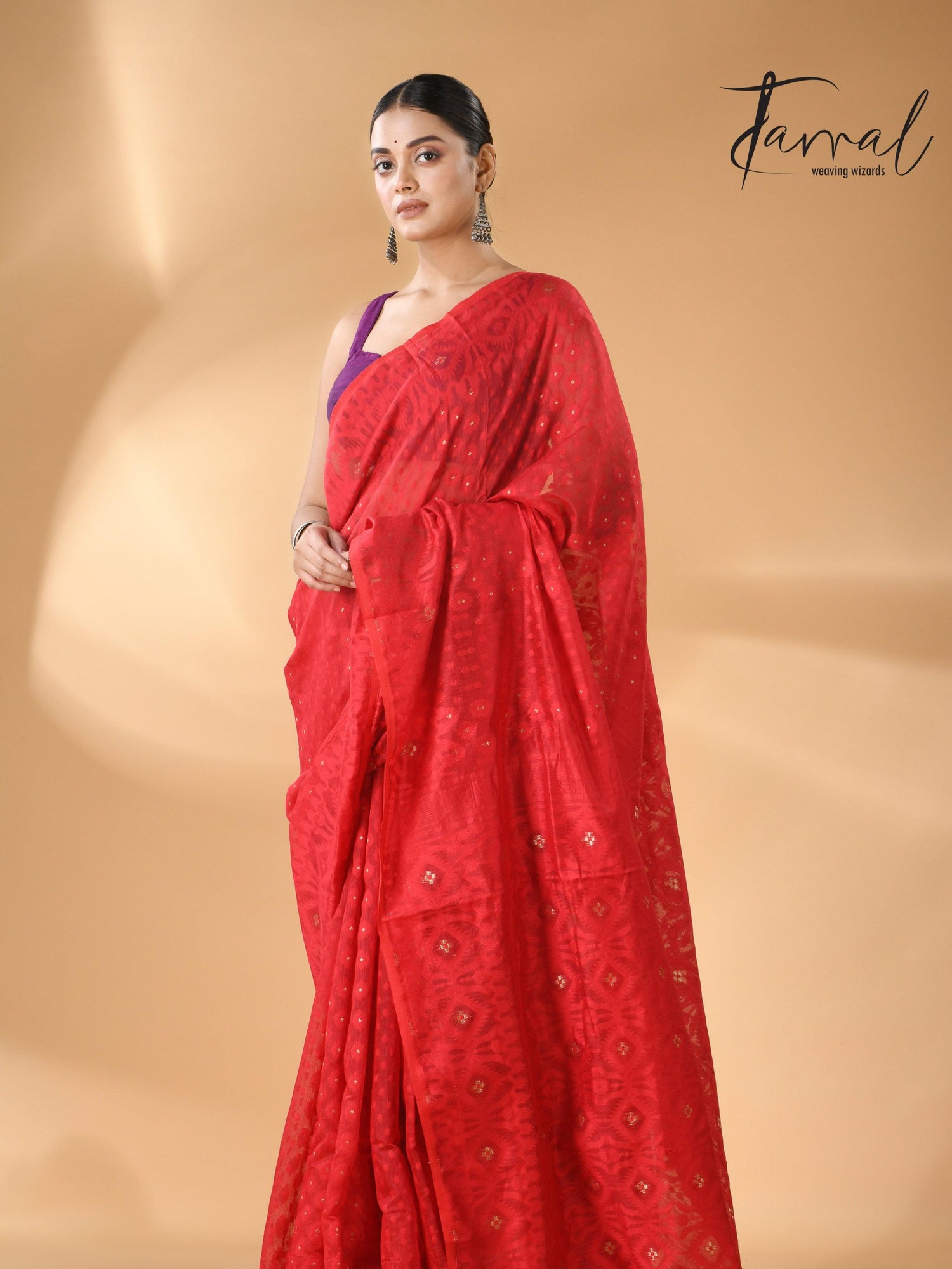 Red colour self soft dhaki handloom jamdani saree