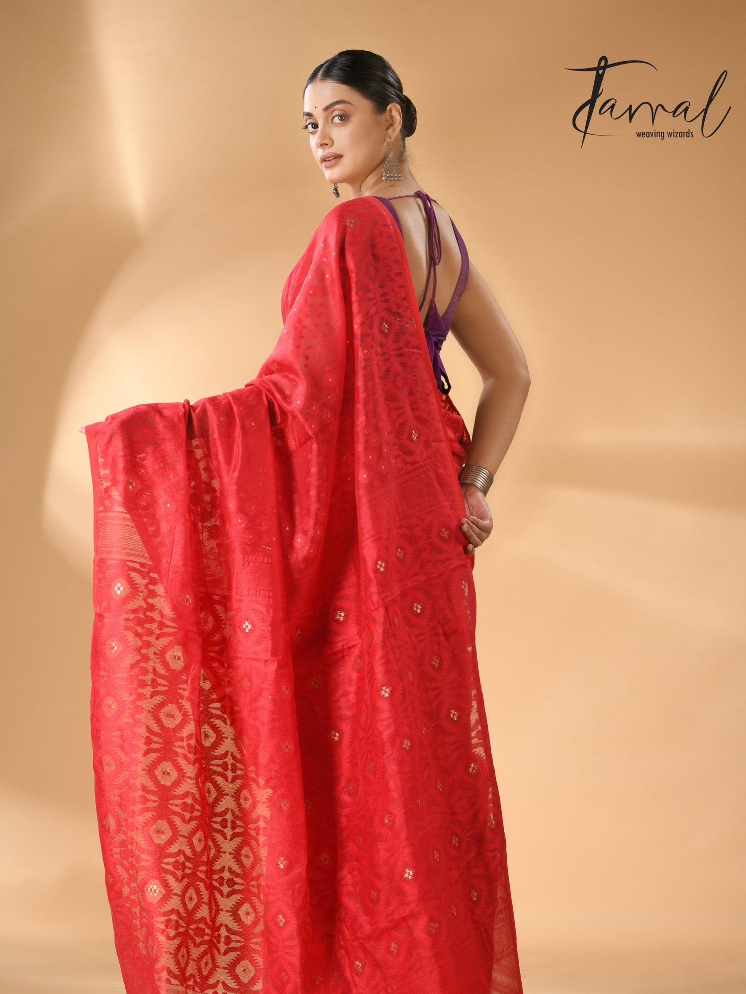 Red colour self soft dhaki handloom jamdani saree