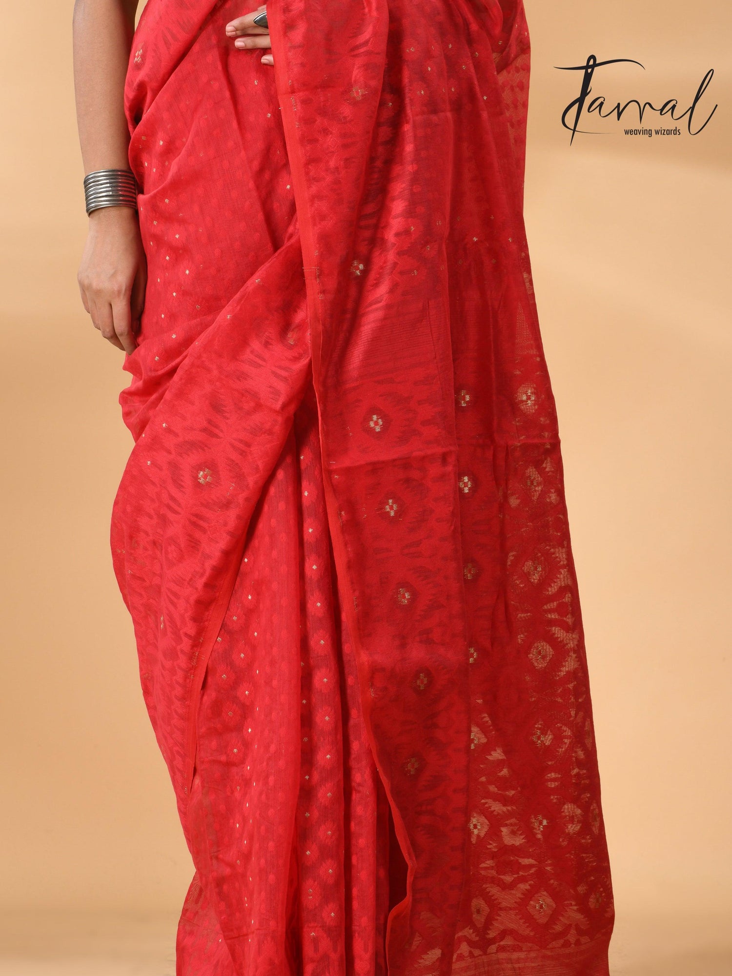 Red colour self soft dhaki handloom jamdani saree 