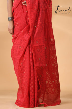 Red colour self soft dhaki handloom jamdani saree 