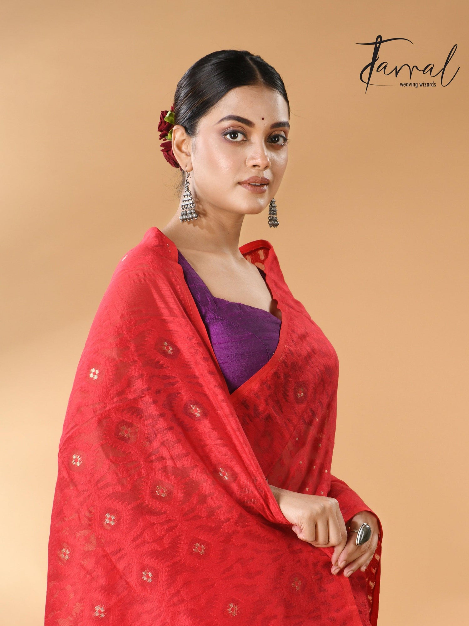 Red colour self soft dhaki handloom jamdani saree