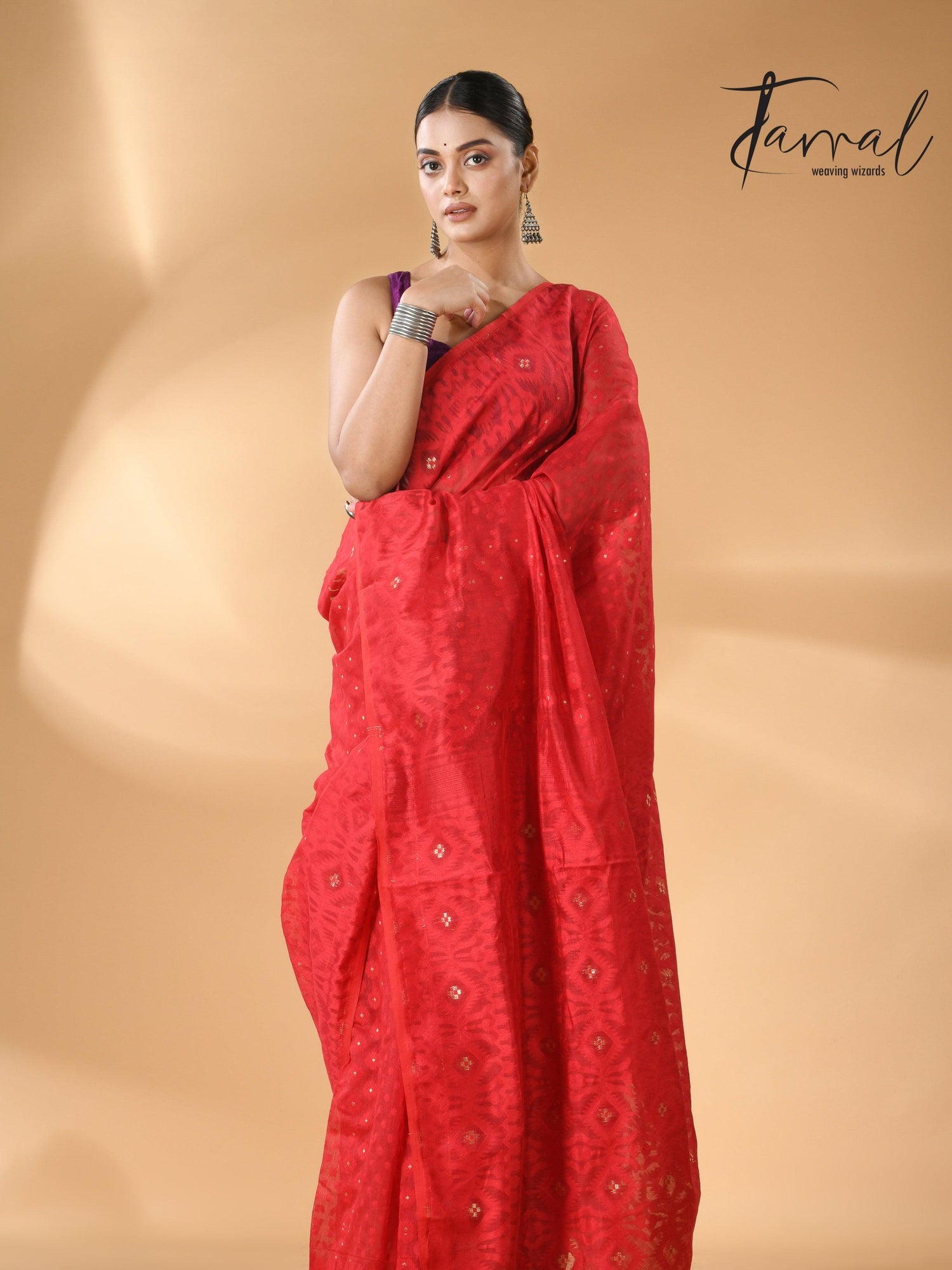 Red colour self soft dhaki handloom jamdani saree