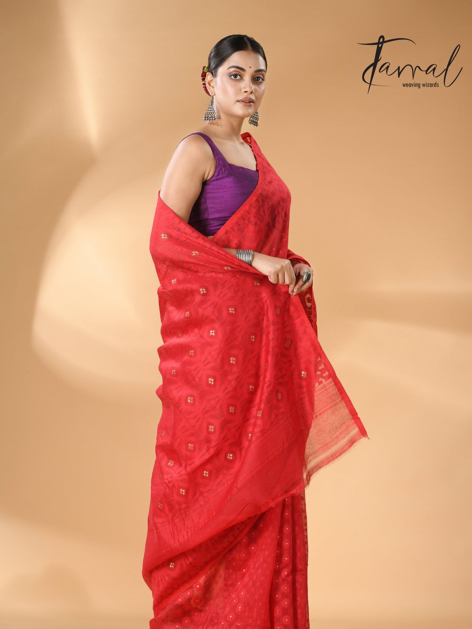 Red colour self soft dhaki handloom jamdani saree