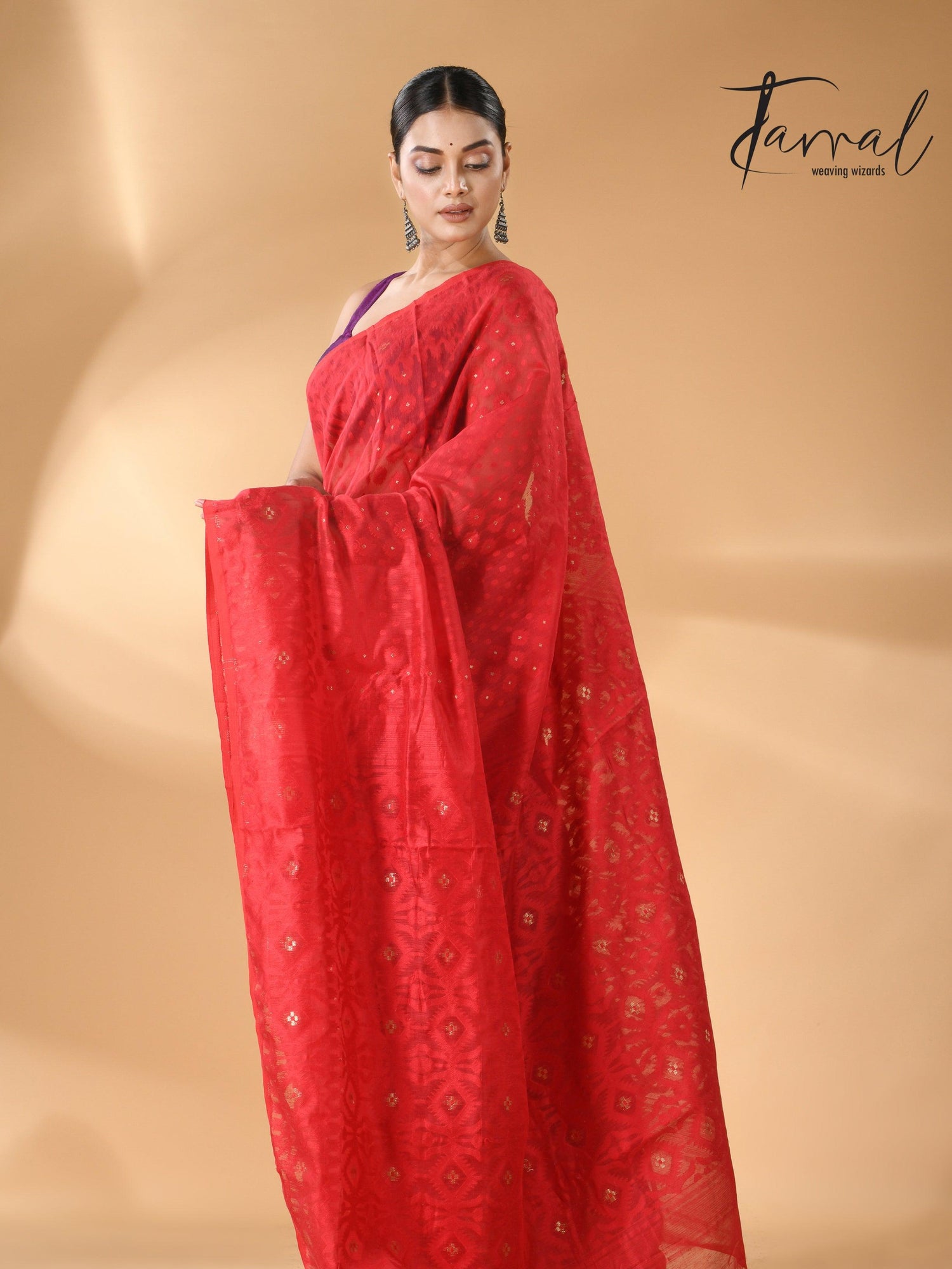 Red colour self soft dhaki handloom jamdani saree