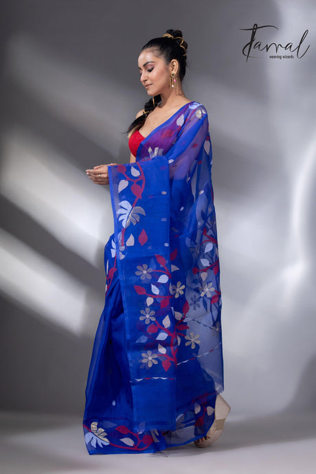 Red & golden floral border muslin silk handwoven jamdani sareeleft