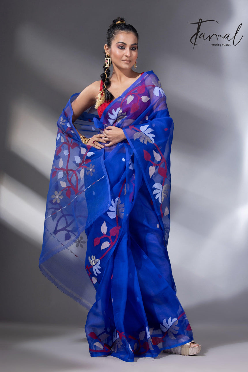 Red & golden floral border muslin silk handwoven jamdani saree left3