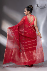 Red with zari border half silk with half linen temple border handwoven jamdani saree - Tamal Boutique