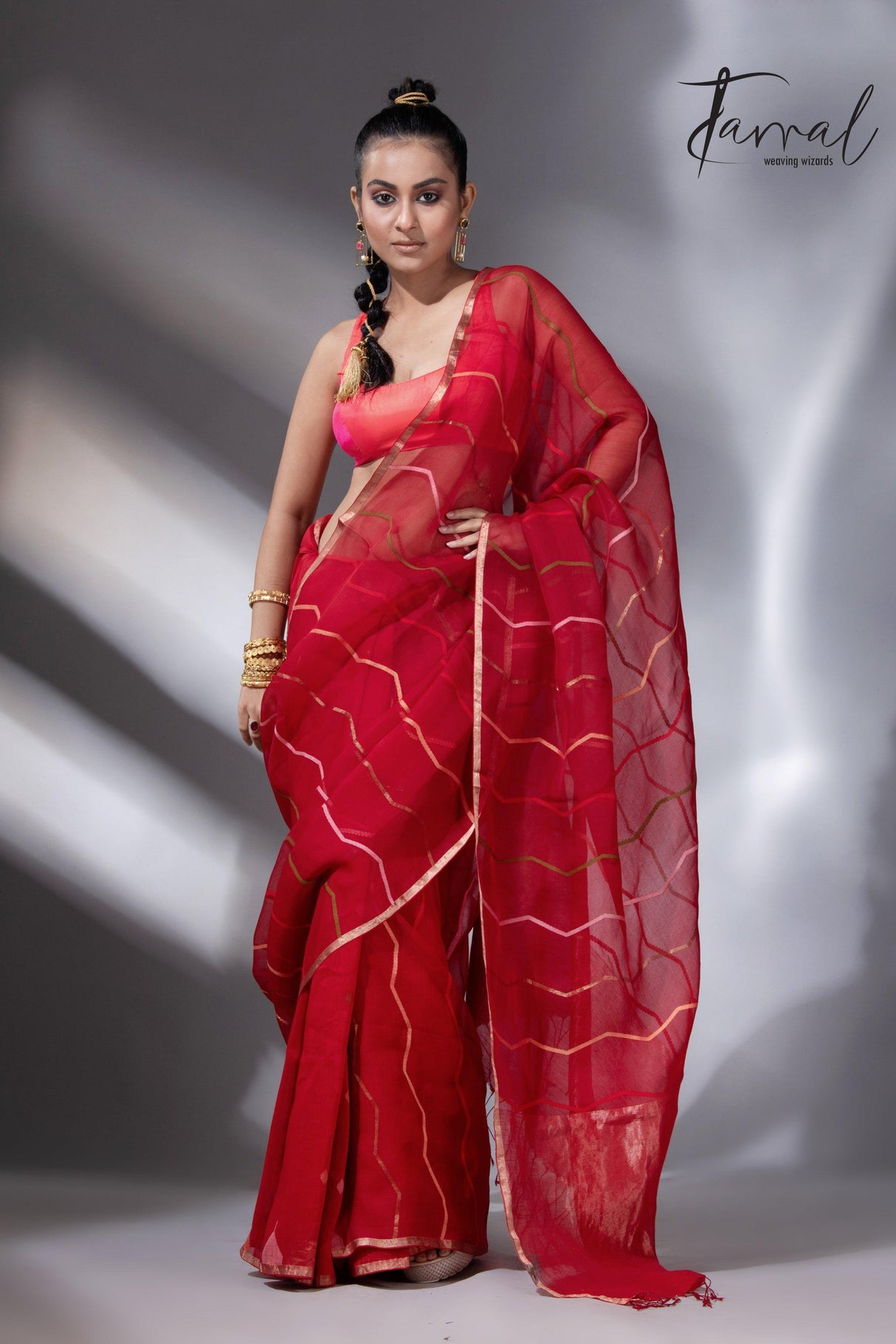 Red with zari border half silk with half linen temple border handwoven jamdani saree - Tamal Boutique