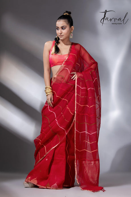 Red with zari border half silk with half linen temple border handwoven jamdani saree - Tamal Boutique