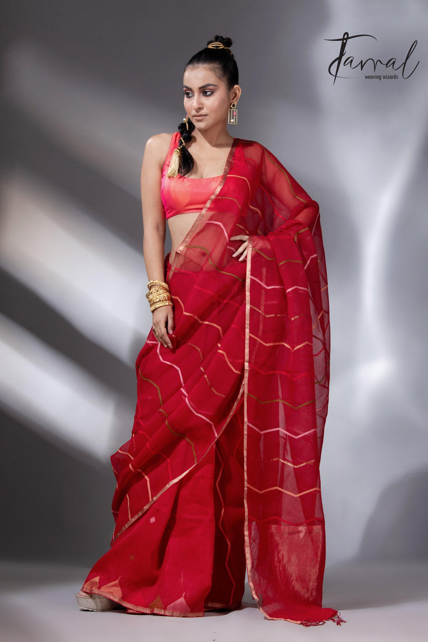 Red with zari border half silk with half linen temple border handwoven jamdani saree - Tamal Boutique