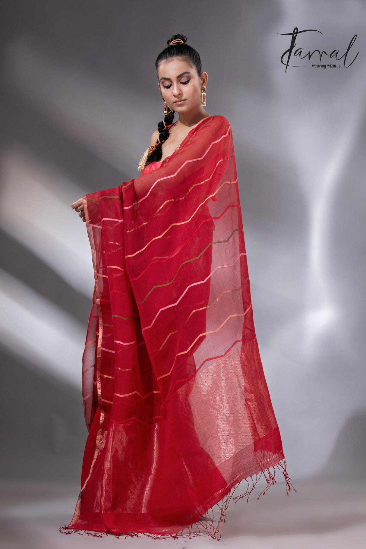 Red with zari border half silk with half linen temple border handwoven jamdani saree - Tamal Boutique