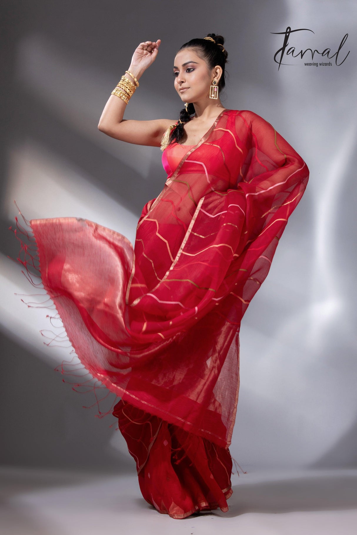 Red with zari border half silk with half linen temple border handwoven jamdani saree - Tamal Boutique