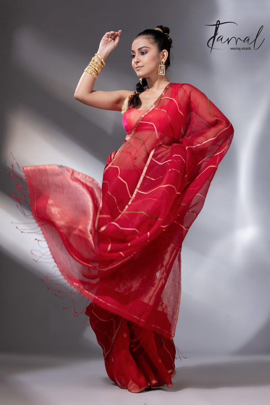 Red with zari border half silk with half linen temple border handwoven jamdani saree - Tamal Boutique