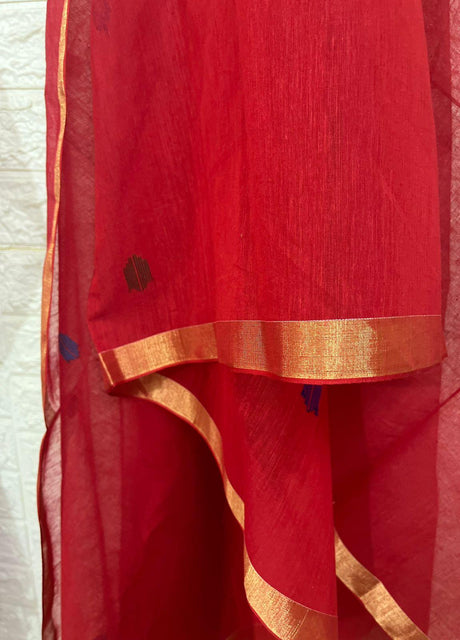 Red organza silk paithani dupatta with silk cotton Kutri set - Tamal Boutique