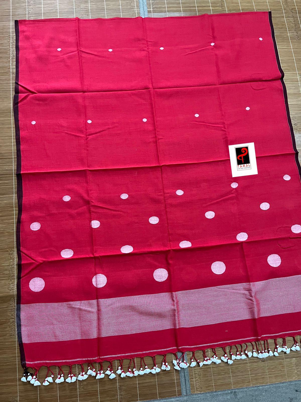 Red with white colour palka dot cotton handwoven jamadani kurti & dupatta set - Tamal Boutique