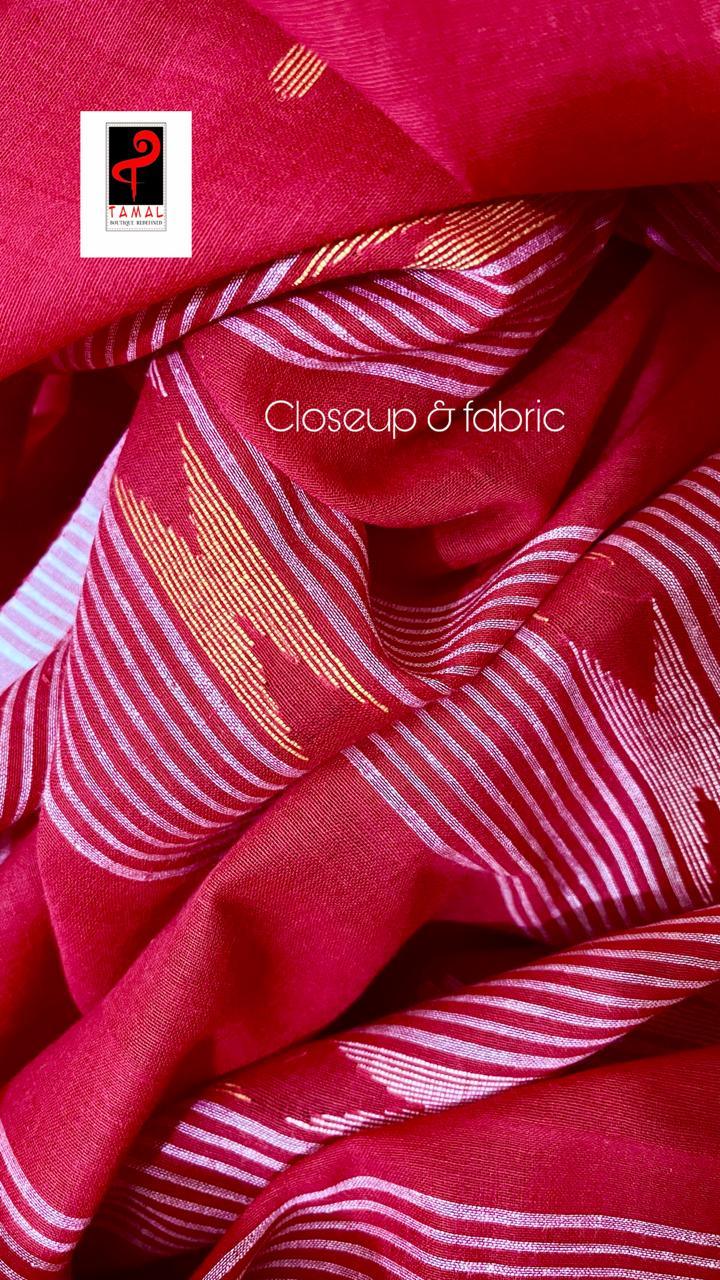 Red white & yellow tal gachh handwoven jamdani saree - Tamal Boutique