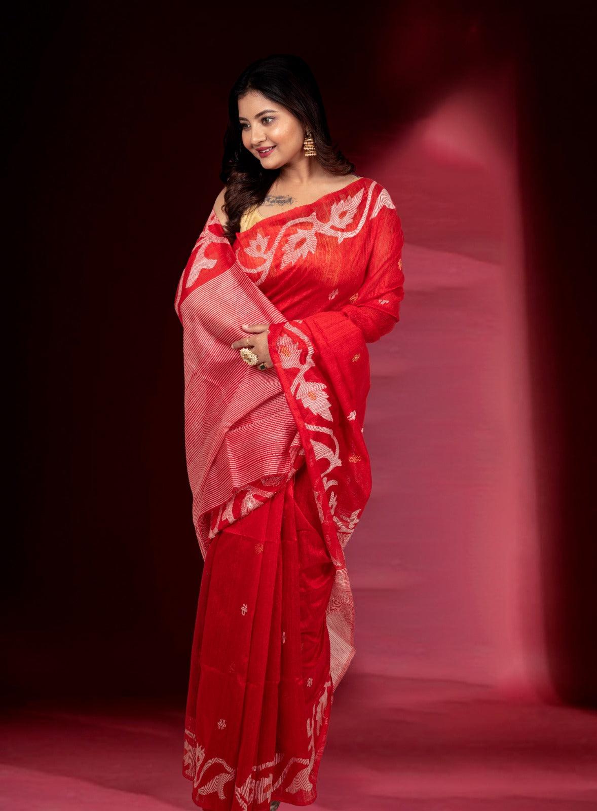 Red with white alpona motifs handwoven jamdani saree in matka silk - Tamal Boutique